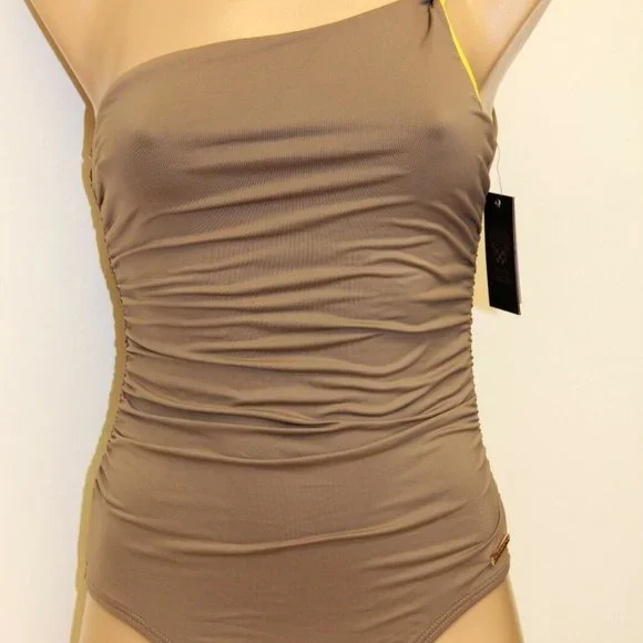 NWT Vince Camuto One Piece Swimsuit One shoulder Ruched Brown Sun - Picture 4 of 7